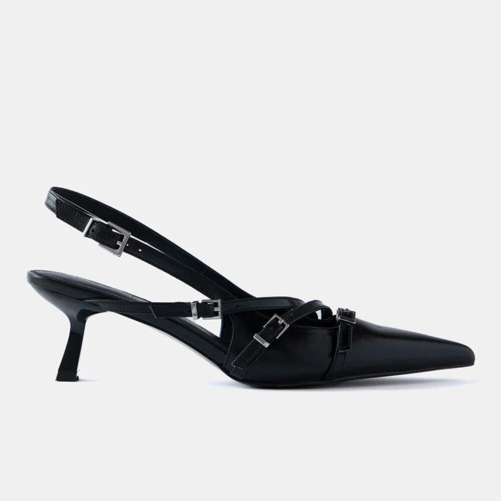 Black Pointed Slingback Heels with Straps - Picture 8 of 16